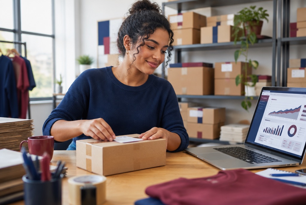 Vendedora de marketplace embalando um pedido ao lado de um notebook com gráficos