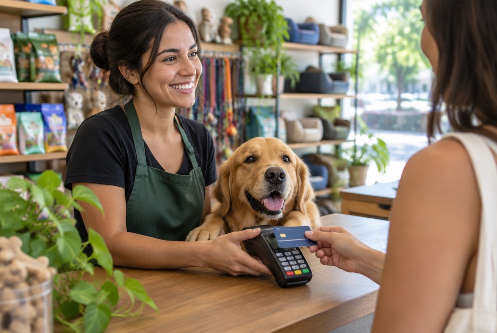 Atendente de pet shop recebendo pagamento com um cachorro no balcão