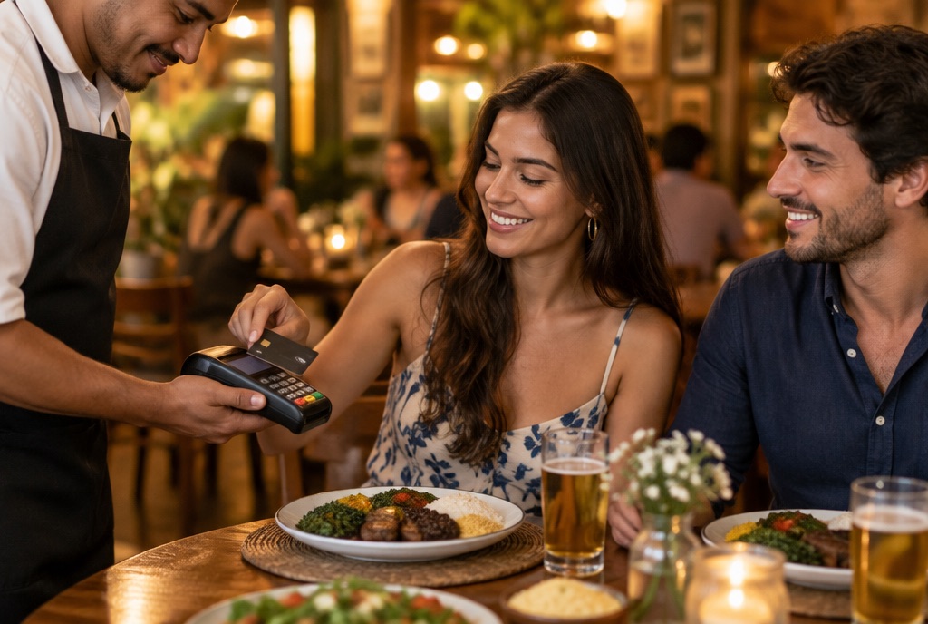 Garçom recebendo pagamento por aproximação na mesa de um restaurante