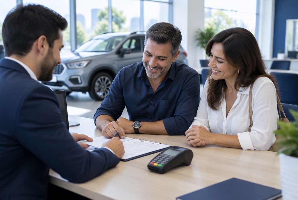 Casal fechando a compra de um carro em uma concessionária