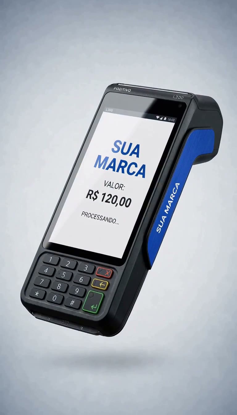 Maquininha com o texto SUA MARCA na tela e na lateral